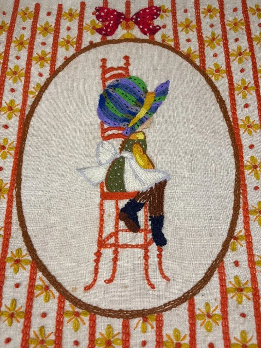 Framed Embroidered Girl on Chair Hat Bow Folk Art Wall Decor 21
